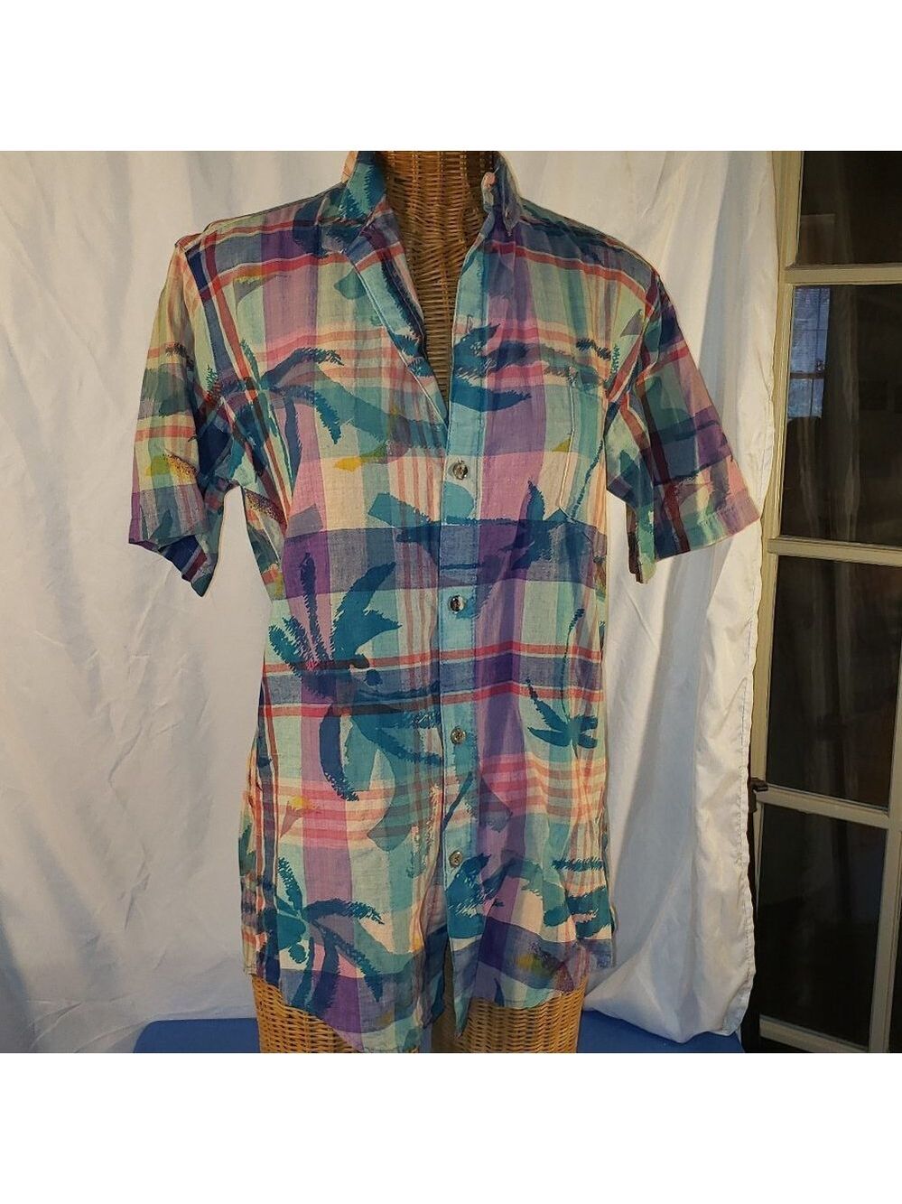 Men's NORFLEET Hawaii Plaid Shirt in Pink, Blue & Green w/Palm Trees - S